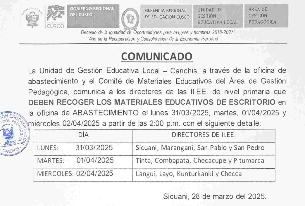 Comunicado - MATERIALES EDUCATIVOS DE ESCRITORIO